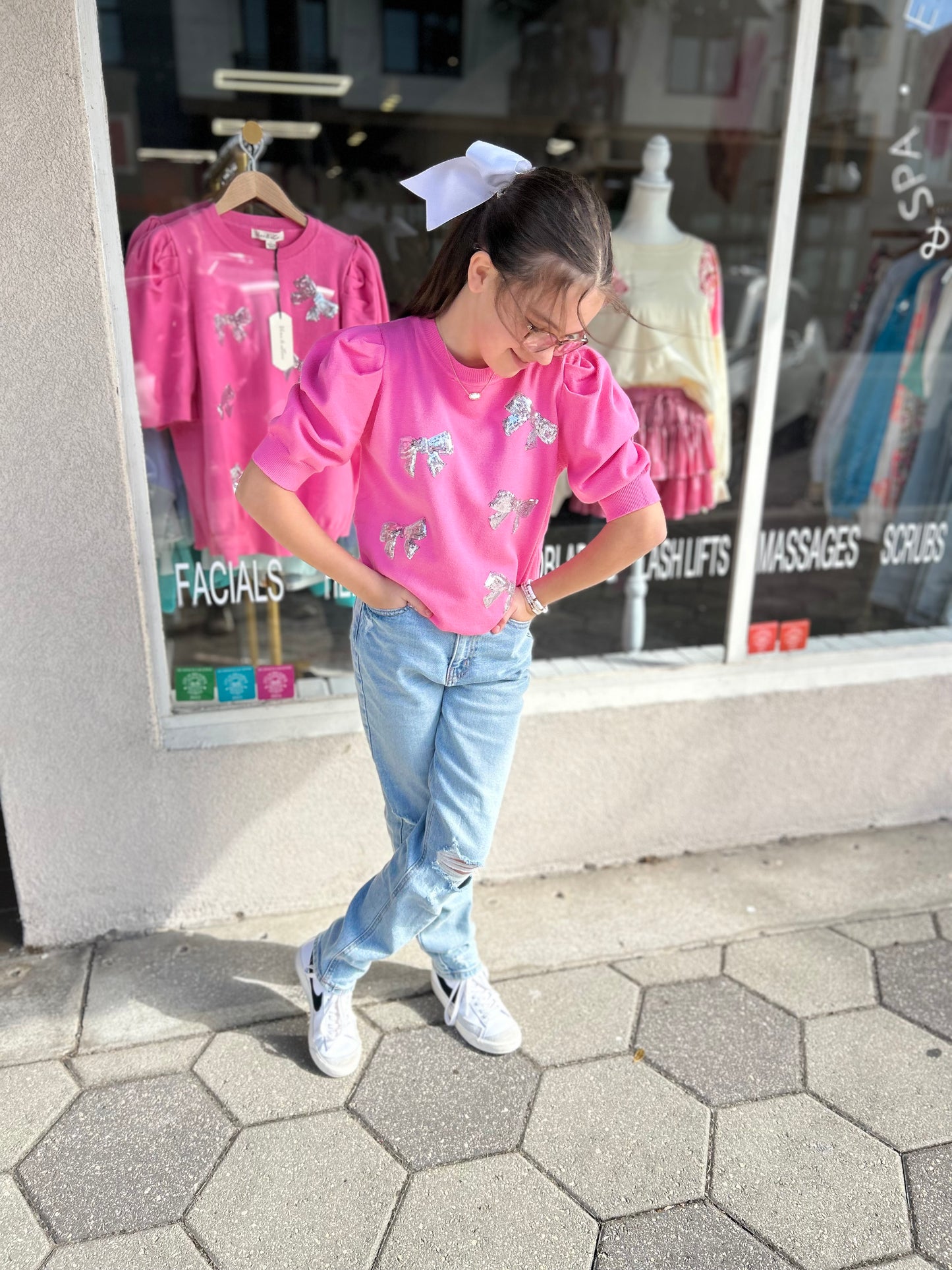 Silver Sequin Bow Top